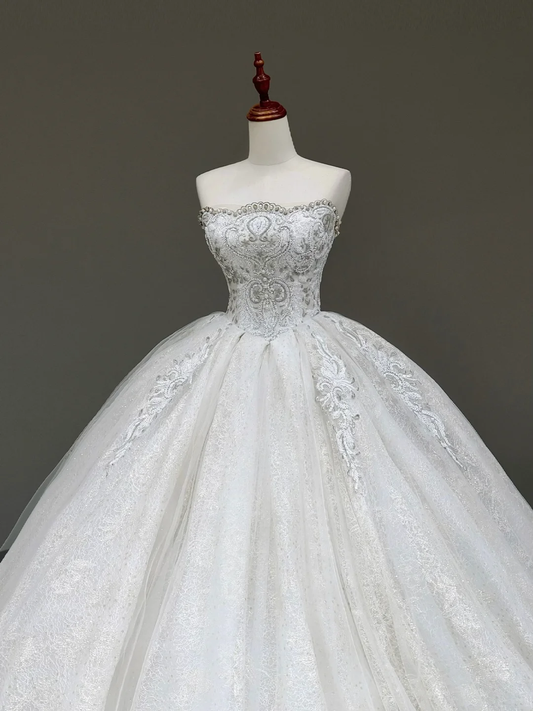 Vestido de novia princesa, vestido de baile, sin tirantes, con lentejuelas y cuentas blancas, vestidos de novia DP825