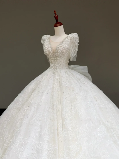 Vestido de novia estilo princesa, con escote redondo, lentejuelas y cuentas blancas, DP829