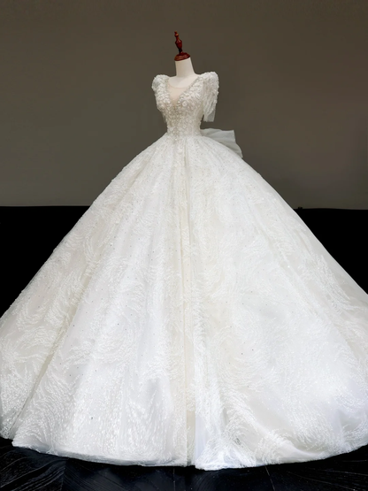 Vestido de novia estilo princesa, con escote redondo, lentejuelas y cuentas blancas, DP829