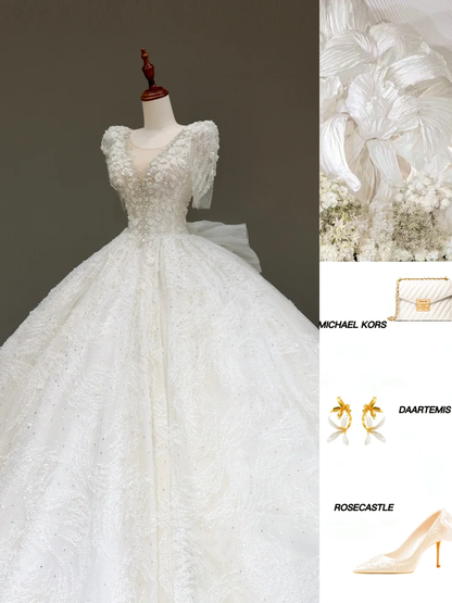 Vestido de novia estilo princesa, con escote redondo, lentejuelas y cuentas blancas, DP829