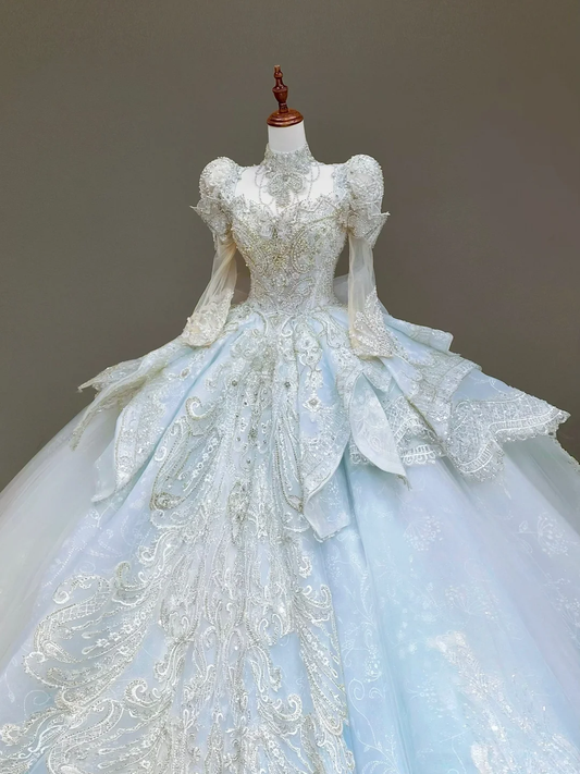 Vestido de novia princesa, vestido de baile, escote alto, lentejuelas azules, cuentas, vestidos de novia DP830