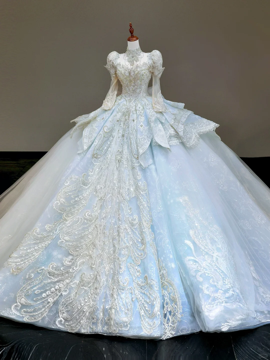 Vestido de novia princesa, vestido de fiesta, escote alto, lentejuelas azules, vestidos de novia de invierno DP837