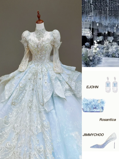 Vestido de novia princesa, vestido de baile, escote alto, lentejuelas azules, cuentas, vestidos de novia DP830