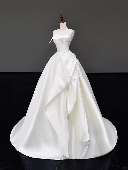 Vestido de novia atemporal, vestido de fiesta sin tirantes, de satén blanco, vestidos de novia DP831