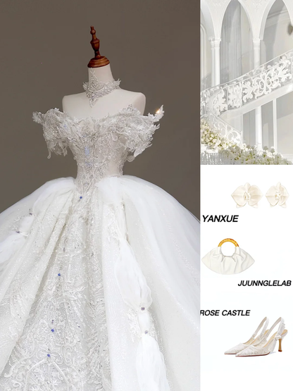 Vestido de novia elegante, con hombros descubiertos, lentejuelas, blanco, manga corta, DP832