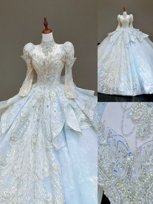 Vestido de novia princesa, vestido de fiesta, escote alto, lentejuelas azules, vestidos de novia de invierno DP837