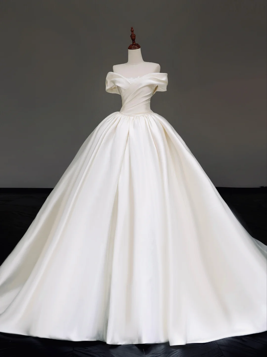 Vestido de novia elegante, con hombros descubiertos, de satén blanco, manga corta, DP841