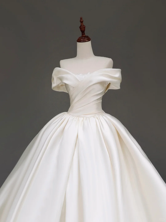 Vestido de novia elegante, con hombros descubiertos, de satén blanco, manga corta, DP841