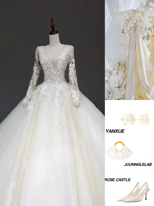 Vestido de novia único, vestido de fiesta, escote en V, mangas largas, encaje blanco, vestidos de novia DP843