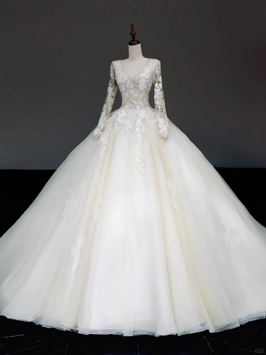 Vestido de novia único, vestido de fiesta, escote en V, mangas largas, encaje blanco, vestidos de novia DP843
