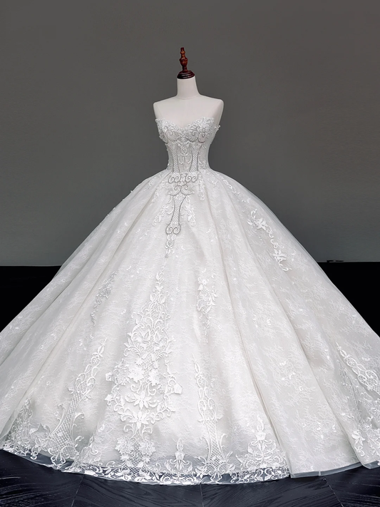 Vestido de novia único, vestido de fiesta, escote corazón, encaje blanco, vestidos de novia DP844