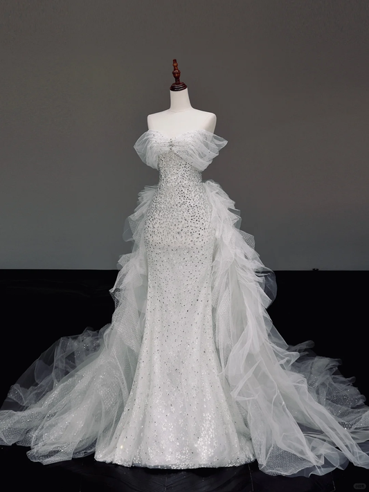 Vestido de novia atemporal de corte sirena con escote corazón en tul blanco DP845