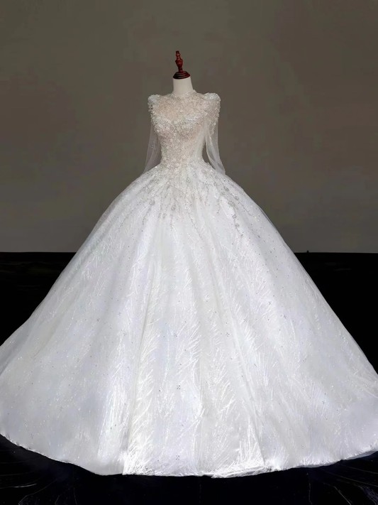 Vestido de novia princesa, vestido de baile, escote alto, lentejuelas blancas, vestidos de novia de invierno DP847