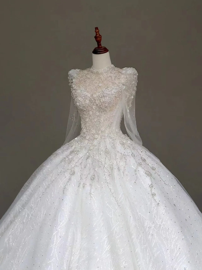 Vestido de novia princesa, vestido de baile, escote alto, lentejuelas blancas, vestidos de novia de invierno DP847