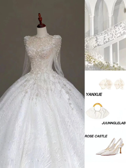 Vestido de novia princesa, vestido de baile, escote alto, lentejuelas blancas, vestidos de novia de invierno DP847