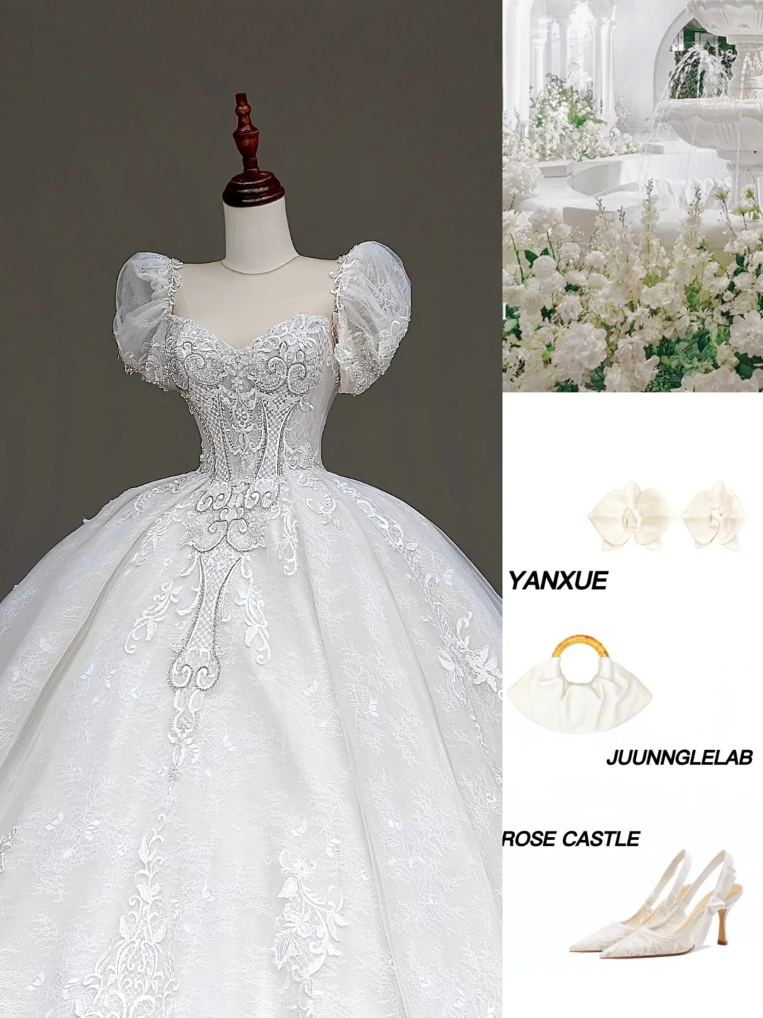 Vestido de novia estilo princesa, con escote corazón, encaje, cuentas blancas y mangas, DP848