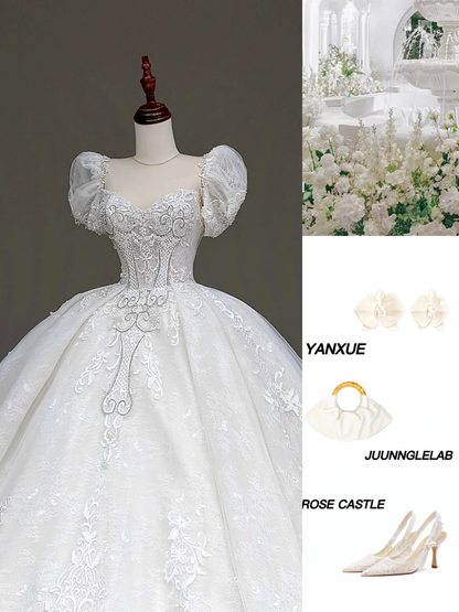 Vestido de novia estilo princesa, con escote corazón, encaje, cuentas blancas y mangas, DP848