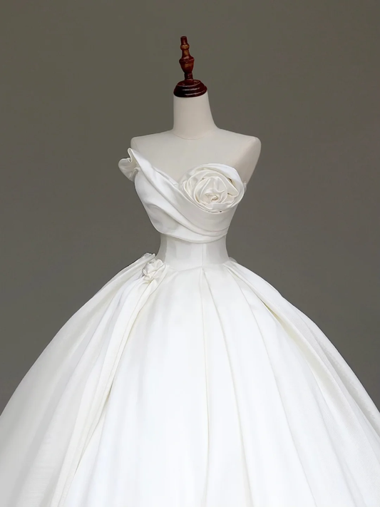 Vestido de novia atemporal, vestido de baile, escote corazón, satén blanco, flores, vestidos de novia DP849