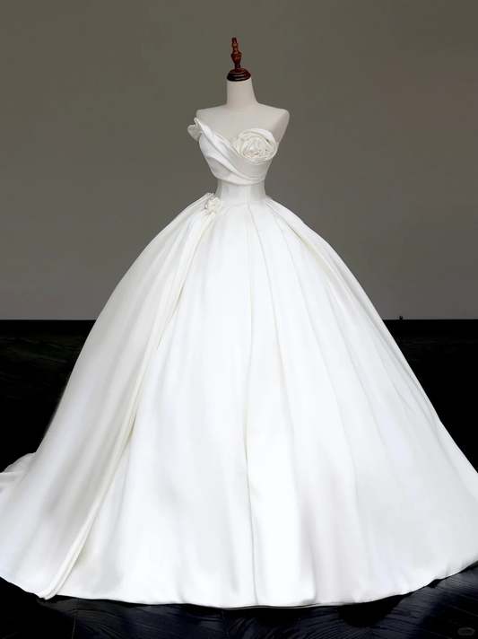 Vestido de novia atemporal, vestido de baile, escote corazón, satén blanco, flores, vestidos de novia DP849