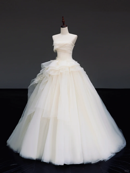 Vestido de novia atemporal, vestido de fiesta sin tirantes, tul marfil, vestidos de novia DP851