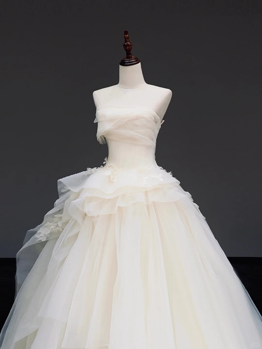 Vestido de novia atemporal, vestido de fiesta sin tirantes, tul marfil, vestidos de novia DP851