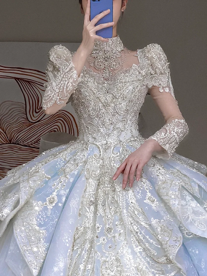 Vestido de novia princesa, vestido de baile, escote alto, lentejuelas azules, cuentas, vestidos de novia DP853