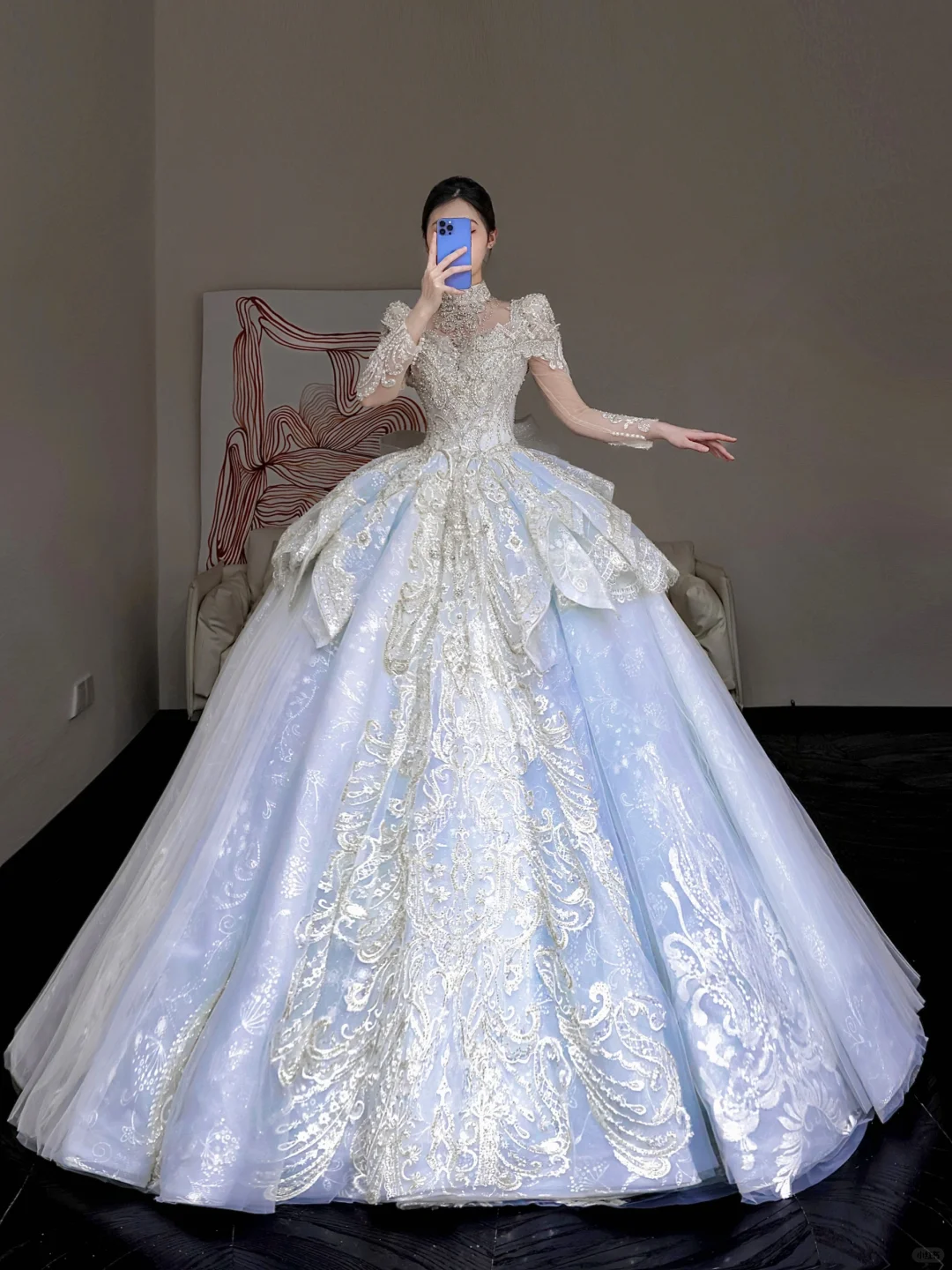 Vestido de novia princesa, vestido de baile, escote alto, lentejuelas azules, cuentas, vestidos de novia DP853