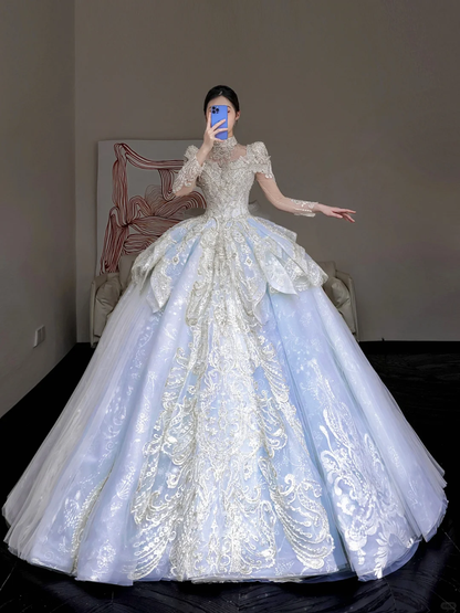 Vestido de novia princesa, vestido de baile, escote alto, lentejuelas azules, cuentas, vestidos de novia DP853
