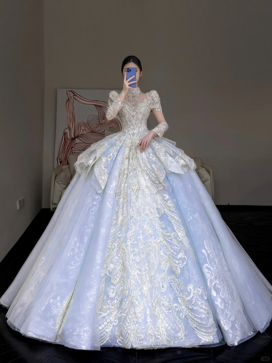 Vestido de novia princesa, vestido de baile, escote alto, lentejuelas azules, cuentas, vestidos de novia DP853