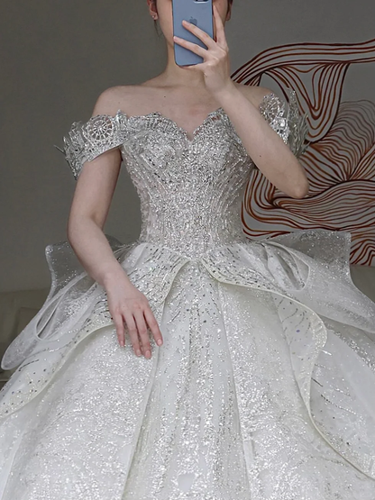 Vestido de novia elegante con hombros descubiertos, lentejuelas blancas, mangas cortas, para invierno, DP855