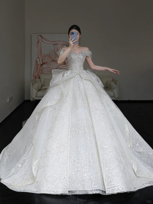 Vestido de novia elegante con hombros descubiertos, lentejuelas blancas, mangas cortas, para invierno, DP855
