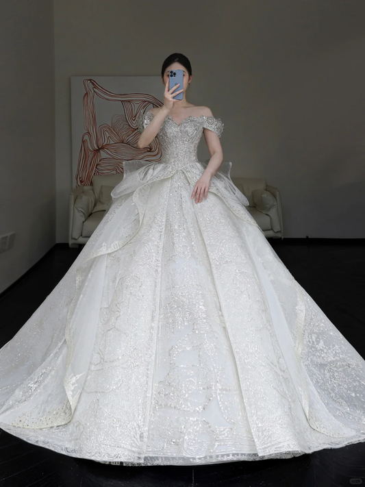 Vestido de novia elegante con hombros descubiertos, lentejuelas blancas, mangas cortas, para invierno, DP855