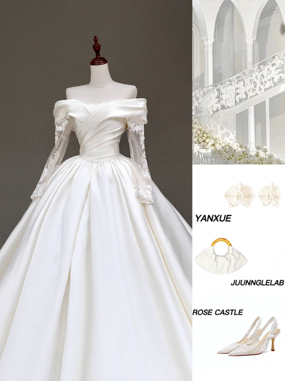 Vestido de novia atemporal, vestido de fiesta, hombros descubiertos, satén, mangas largas, vestidos de novia DP856