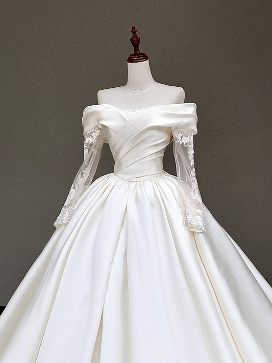Vestido de novia atemporal, vestido de fiesta, hombros descubiertos, satén, mangas largas, vestidos de novia DP856