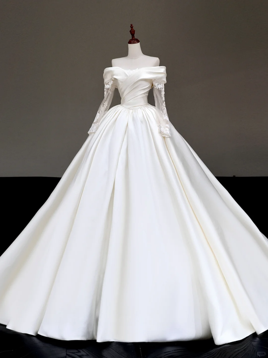 Vestido de novia atemporal, vestido de fiesta, hombros descubiertos, satén, mangas largas, vestidos de novia DP856