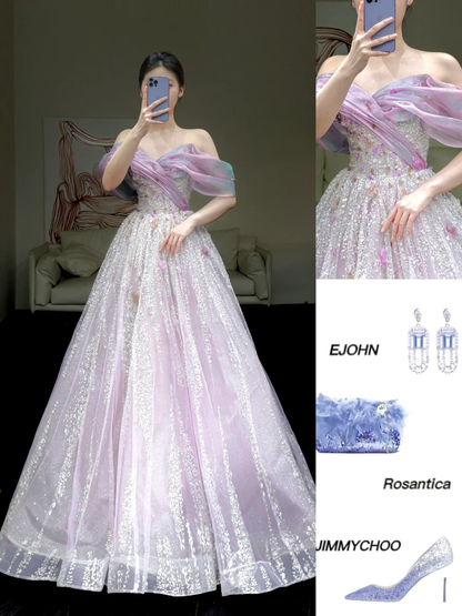 Hermoso vestido de fiesta largo con lentejuelas color lila, corte A y hombros descubiertos, DP857