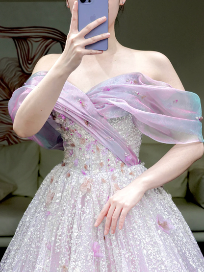 Hermoso vestido de fiesta largo con lentejuelas color lila, corte A y hombros descubiertos, DP857