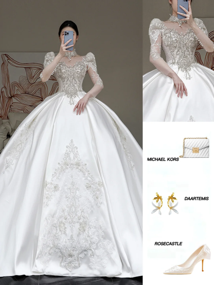 Vestido de novia princesa, escote redondo, lentejuelas blancas, cuentas, para invierno, DP858