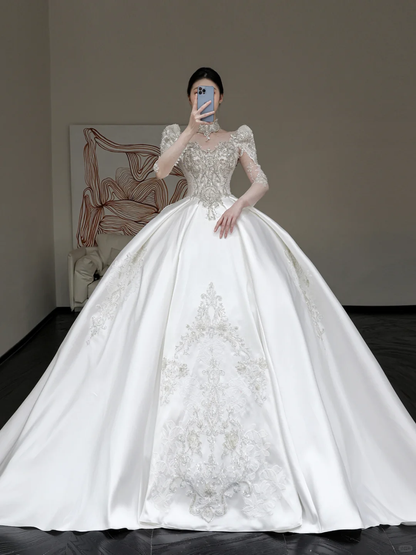 Vestido de novia princesa, escote redondo, lentejuelas blancas, cuentas, para invierno, DP858
