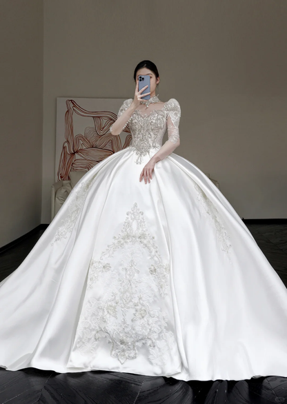 Vestido de novia princesa, escote redondo, lentejuelas blancas, cuentas, para invierno, DP858