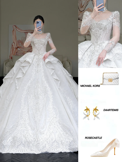 Vestido de novia princesa, escote redondo, lentejuelas blancas, cuentas, para invierno, DP859