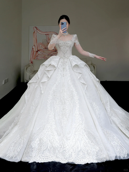 Vestido de novia princesa, escote redondo, lentejuelas blancas, cuentas, para invierno, DP859