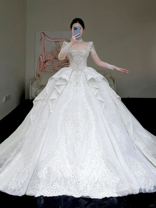 Vestido de novia princesa, escote redondo, lentejuelas blancas, cuentas, para invierno, DP859