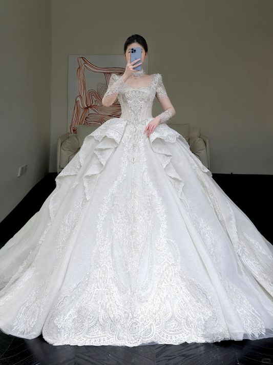 Vestido de novia princesa, escote redondo, lentejuelas blancas, cuentas, para invierno, DP859