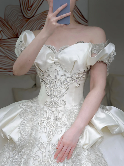 Vestido de novia princesa, vestido de baile con hombros descubiertos, lentejuelas blancas y cuentas, vestidos de novia de invierno DP861