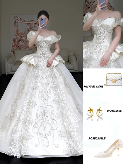 Vestido de novia princesa, vestido de baile con hombros descubiertos, lentejuelas blancas y cuentas, vestidos de novia de invierno DP861