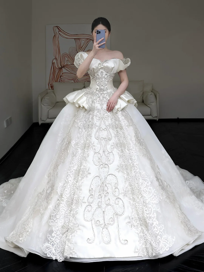 Vestido de novia princesa, vestido de baile con hombros descubiertos, lentejuelas blancas y cuentas, vestidos de novia de invierno DP861