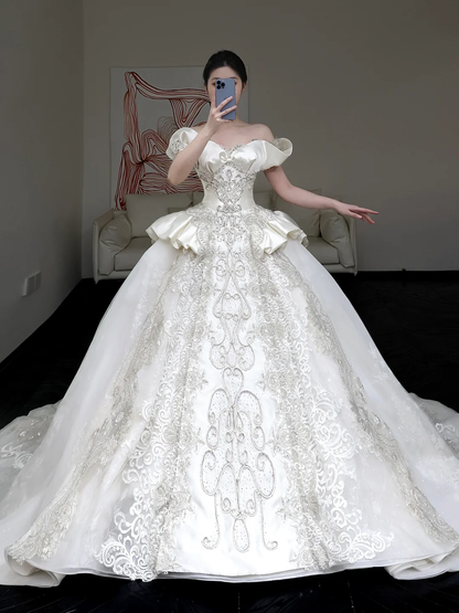Vestido de novia princesa, vestido de baile con hombros descubiertos, lentejuelas blancas y cuentas, vestidos de novia de invierno DP861