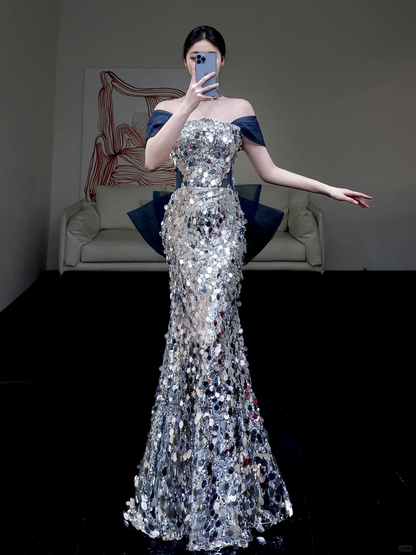 Vestido de fiesta largo con lentejuelas grises y hombros descubiertos, estilo sirena, DP862
