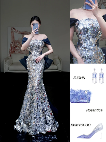 Vestido de fiesta largo con lentejuelas grises y hombros descubiertos, estilo sirena, DP862